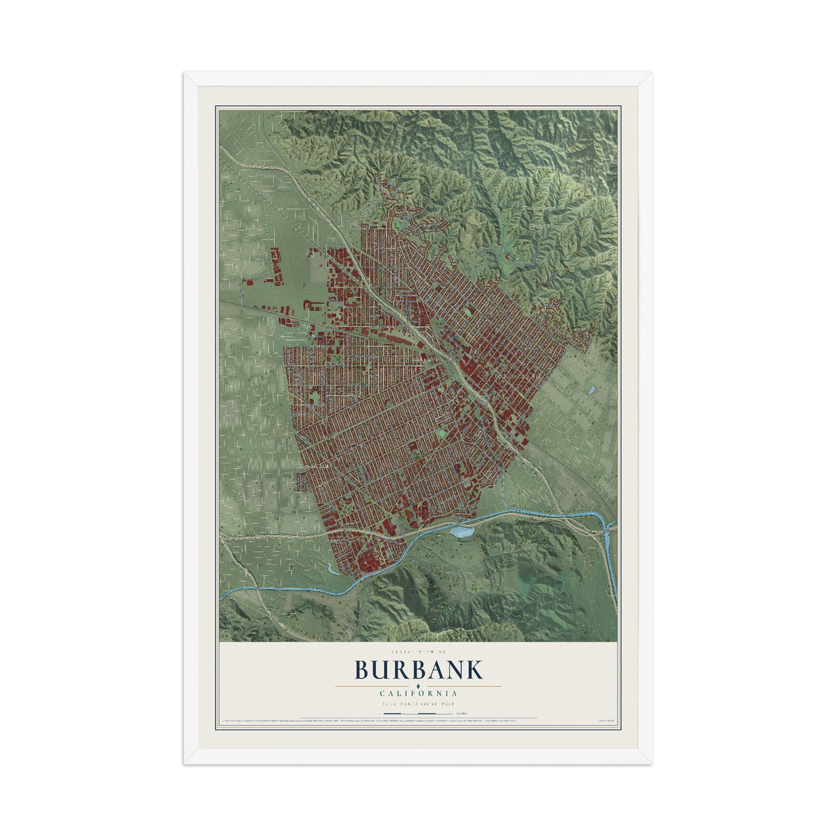 Map of Burbank, California, 12 x 18 inch print in a white wood frame