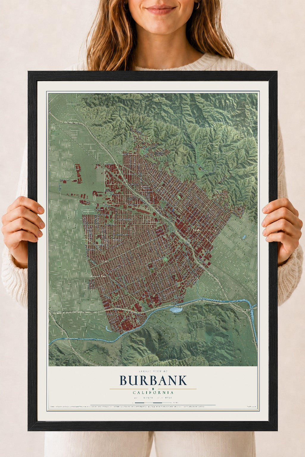 Map of Burbank, California, 18 x 24 inch print in a black wood frame