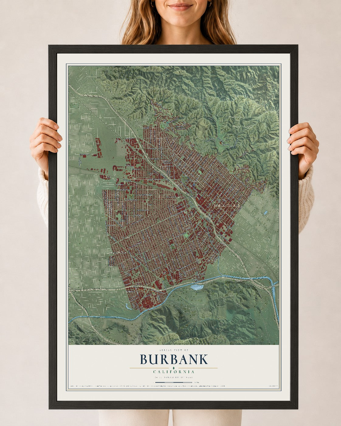 Map of Burbank, California, 24 x 36 inch print in a black wood frame
