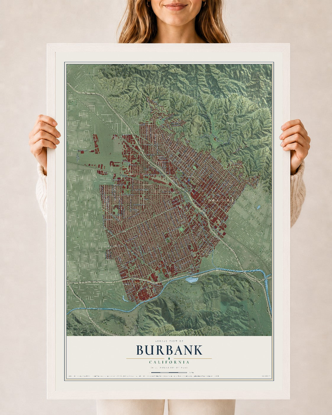 Map of Burbank, California, 24 x 36 inch print in a white wood frame