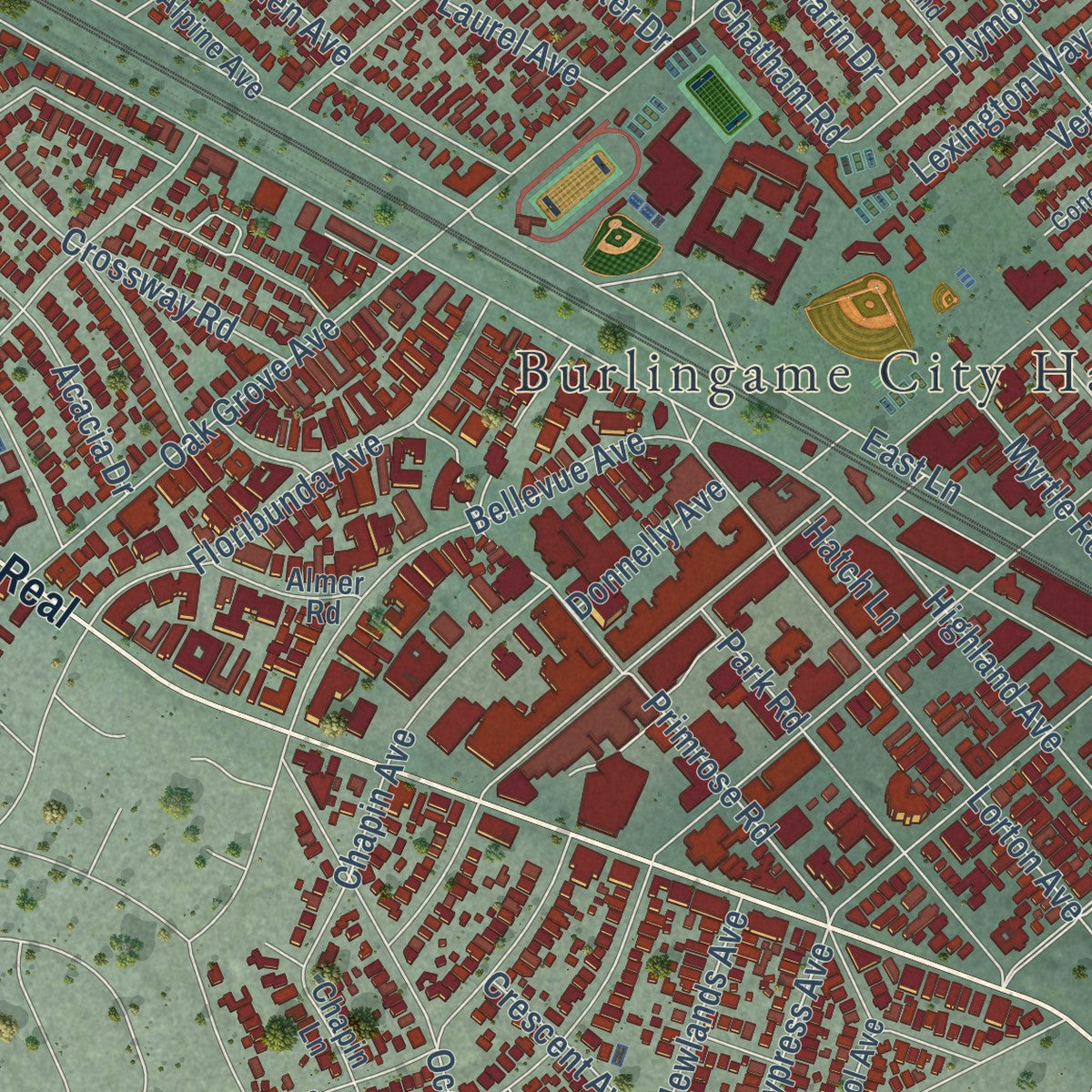 Second close-up of the map of Burlingame, California print showing more streets and buildings