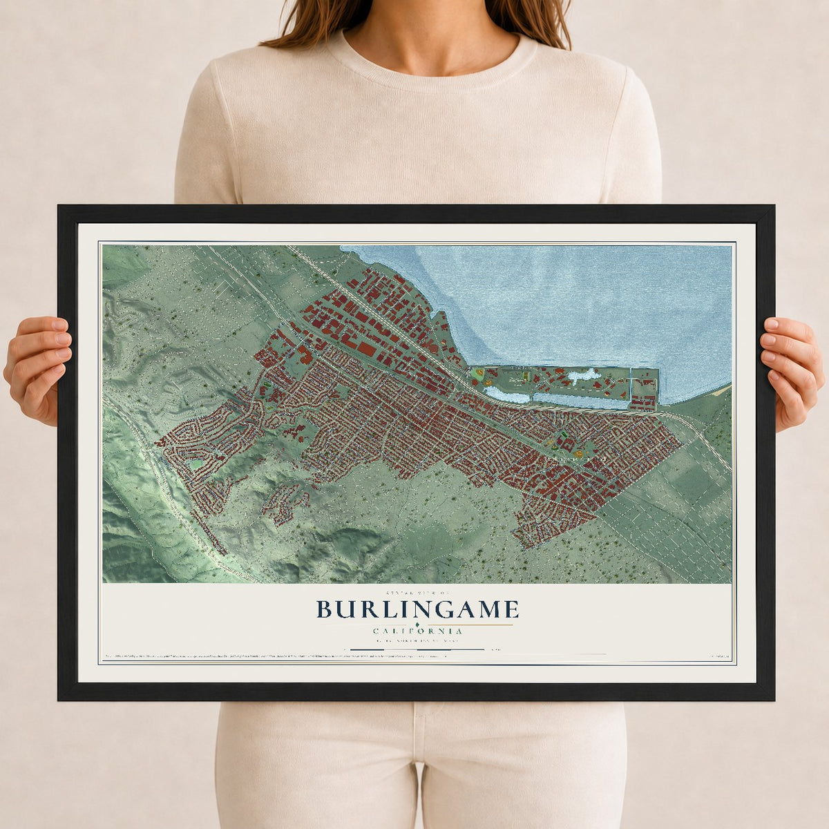 Map of Burlingame, California, 12 x 18 inch print in a black wood frame