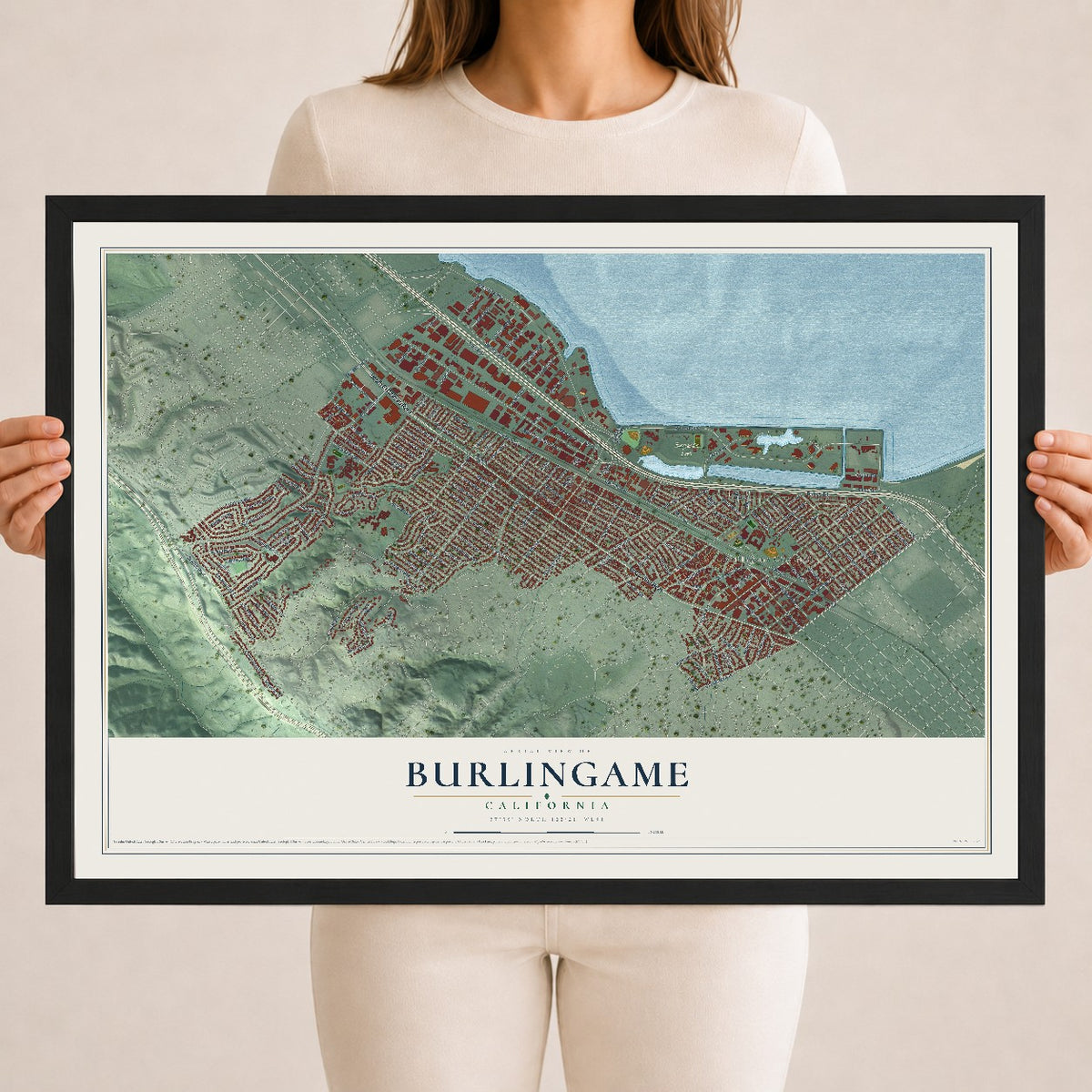 Map of Burlingame, California, 18 x 24 inch print in a black wood frame