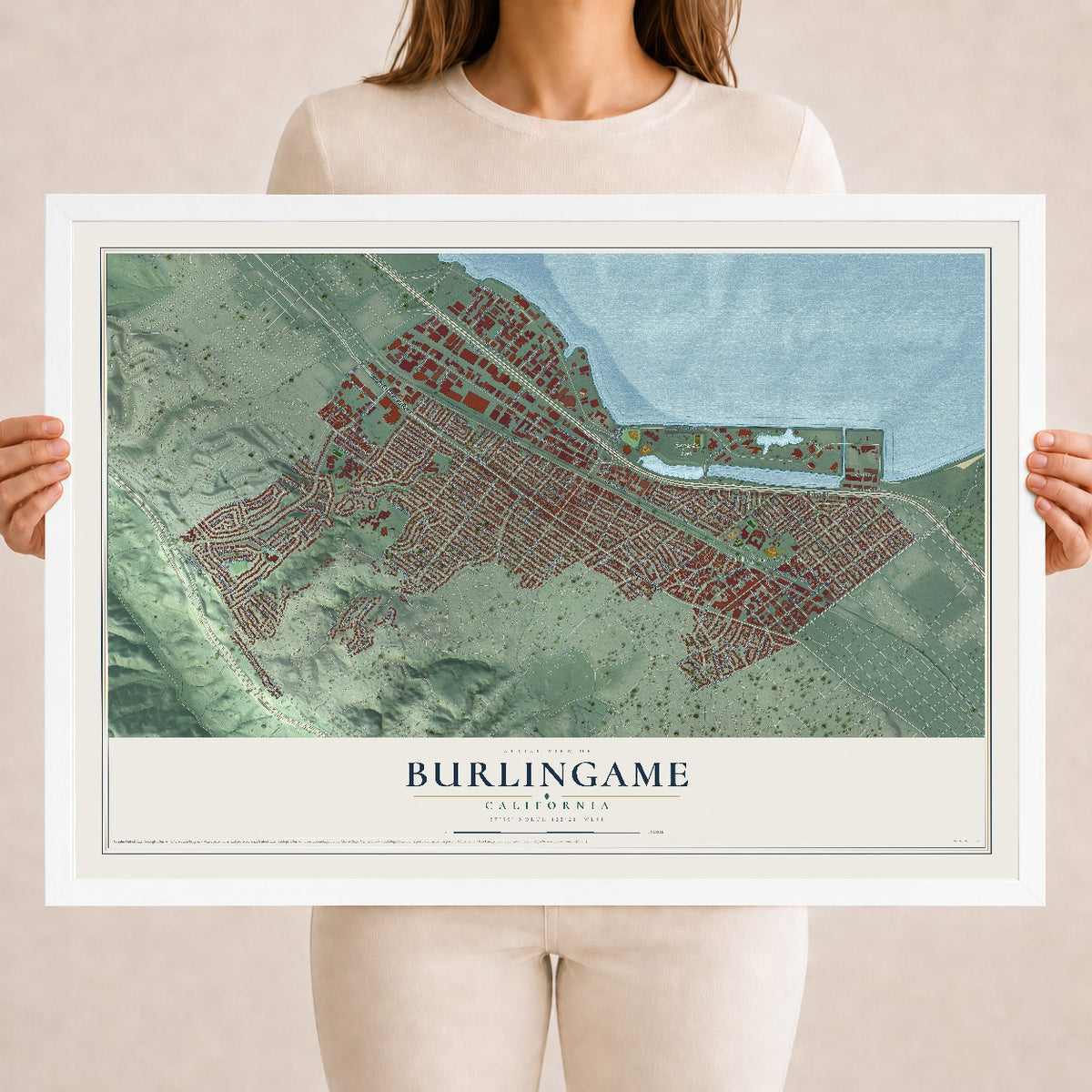 Map of Burlingame, California, 18 x 24 inch print in a white wood frame