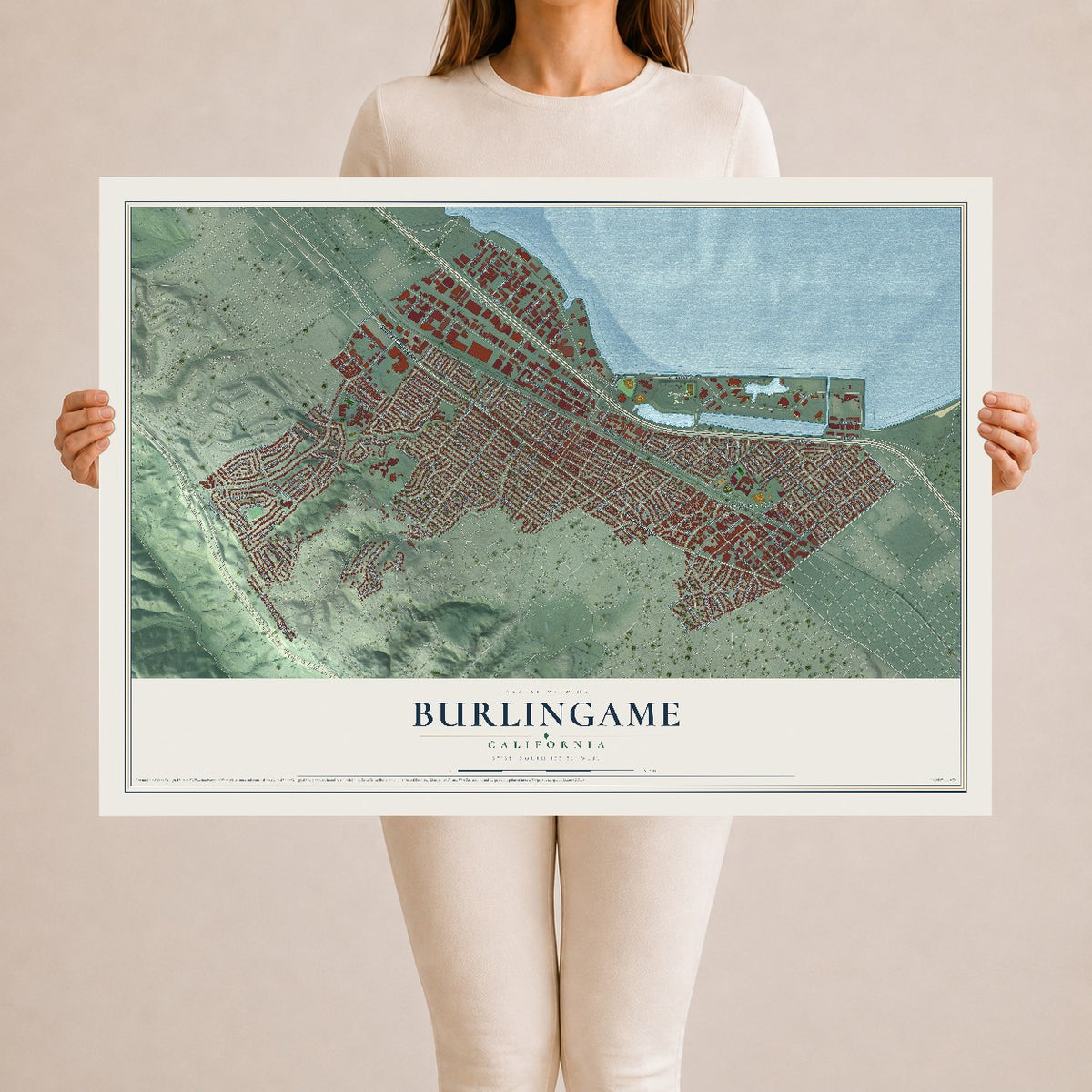 Map of Burlingame, California, 24 x 36 inch unframed archival matte print