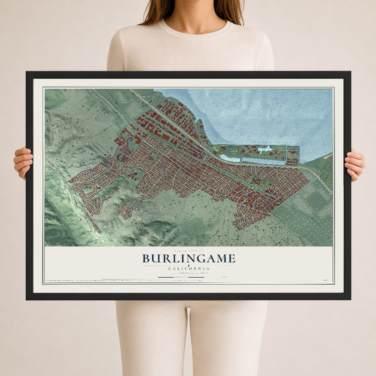 Map of Burlingame, California, 24 x 36 inch print in a black wood frame