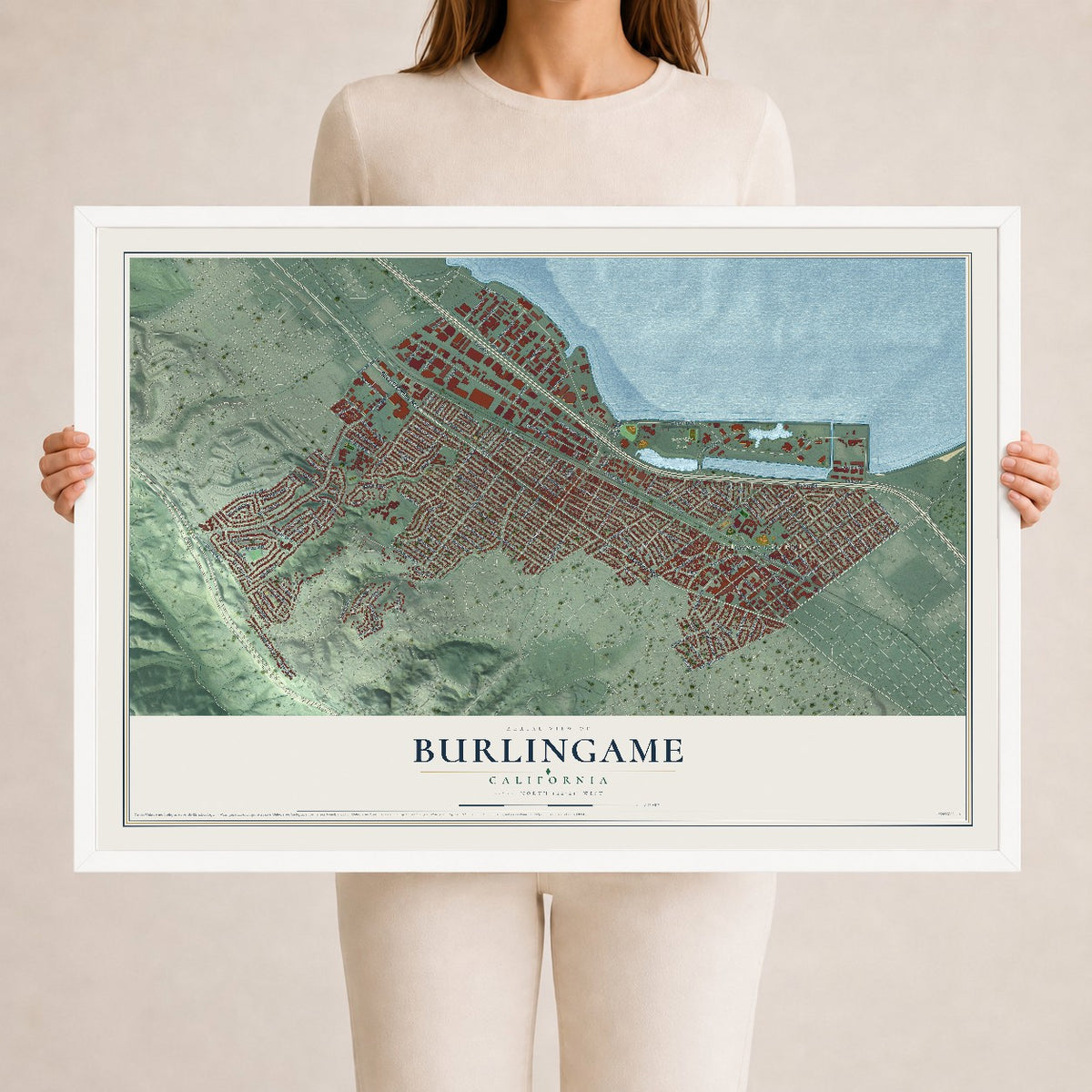 Map of Burlingame, California, 24 x 36 inch print in a white wood frame