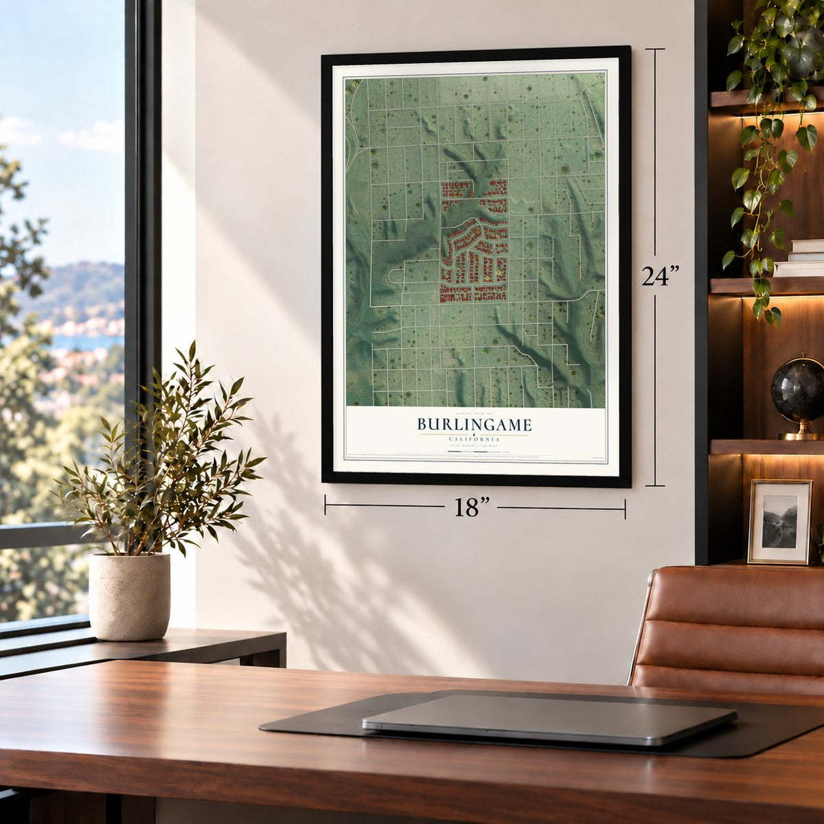 Burlingame, San Diego, California map, 18 x 24 inch print in a black frame in a home office