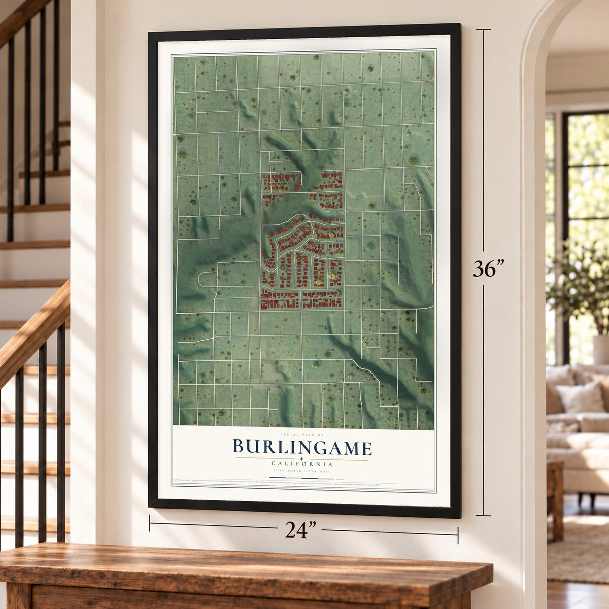 Burlingame, San Diego, California map, 24 x 36 inch print in a black frame by a staircase