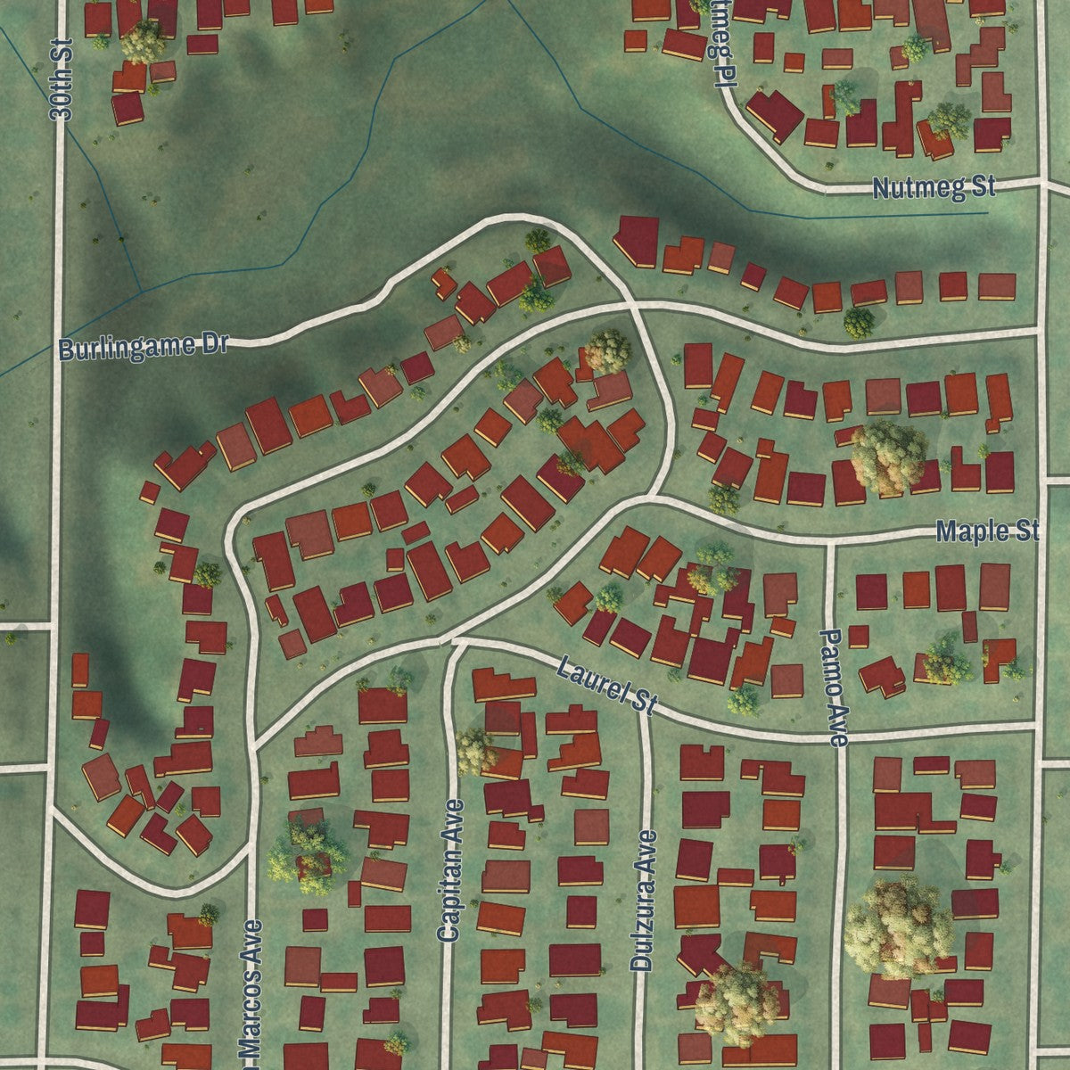 Close-up of the map of Burlingame, San Diego, California print showing street and building detail