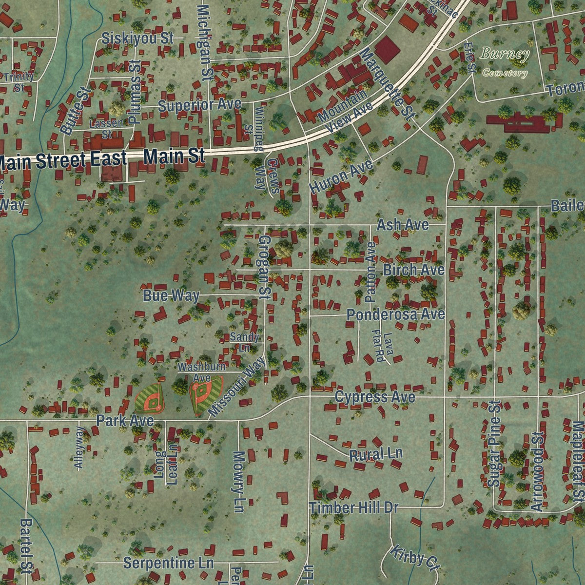 Close-up of the map of Burney, California print showing street and building detail