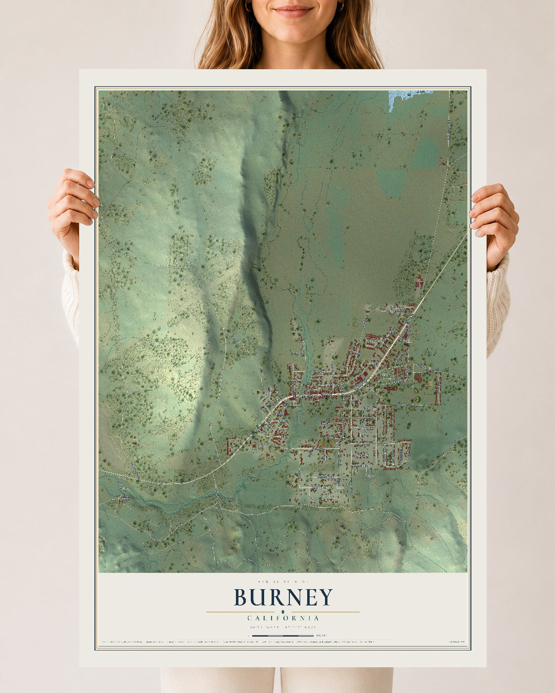 Map of Burney, California, 24 x 36 inch unframed archival matte print
