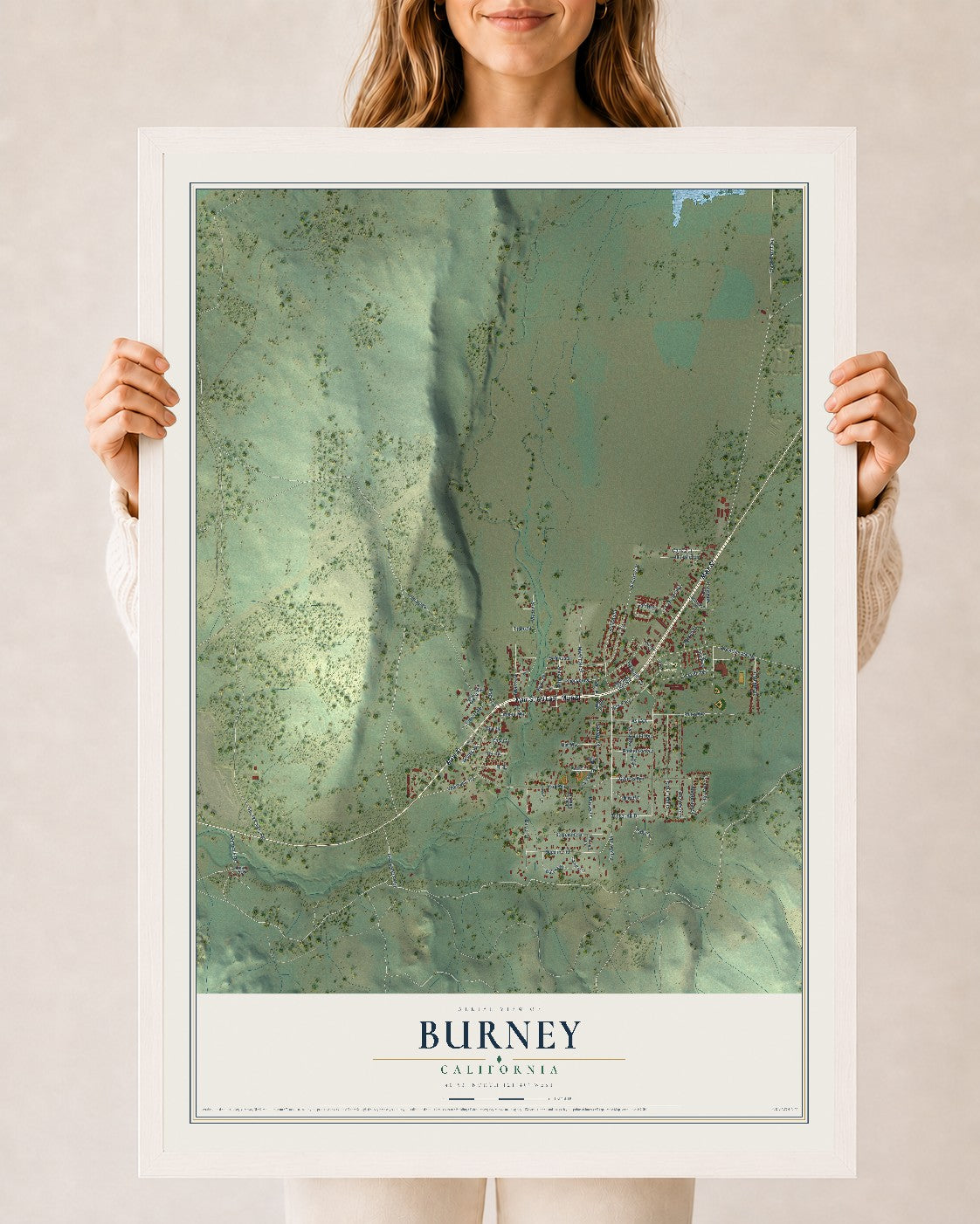 Map of Burney, California, 24 x 36 inch print in a white wood frame