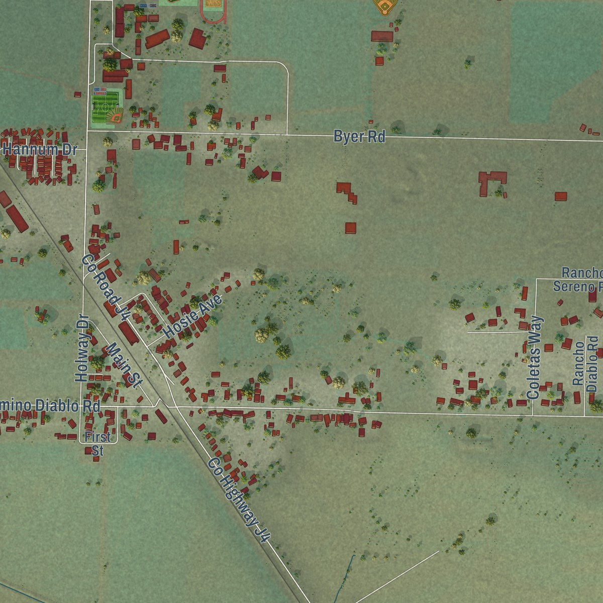 Close-up of the map of Byron, California print showing street and building detail