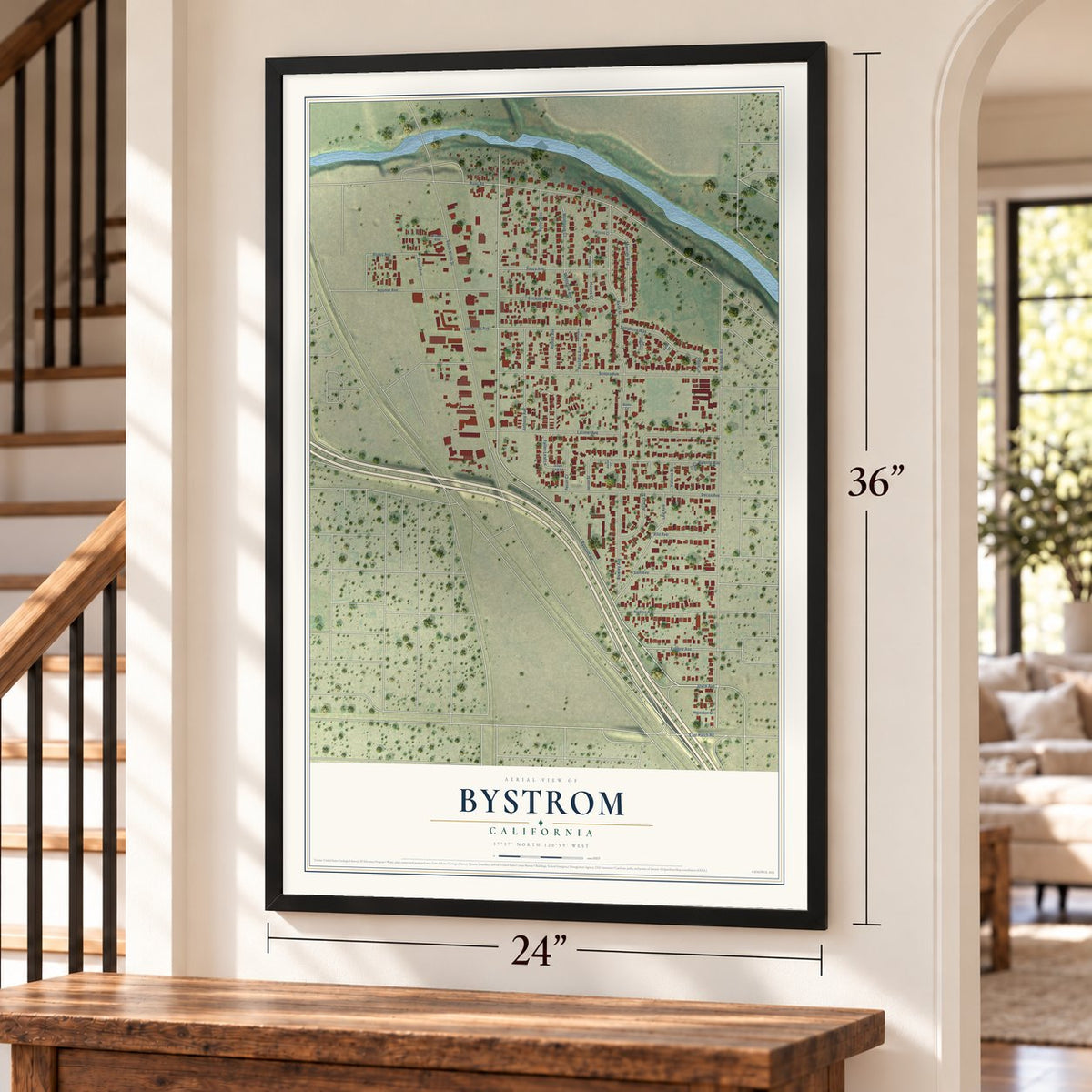 Bystrom, California map, 24 x 36 inch print in a black frame by a staircase