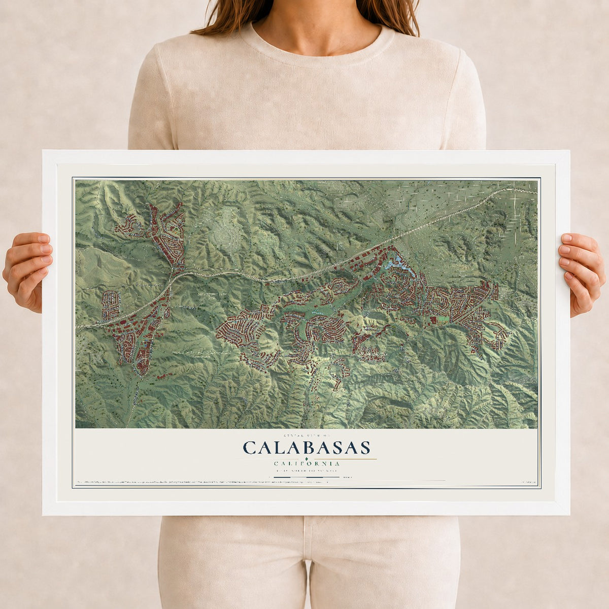 Map of Calabasas, California, 12 x 18 inch print in a white wood frame