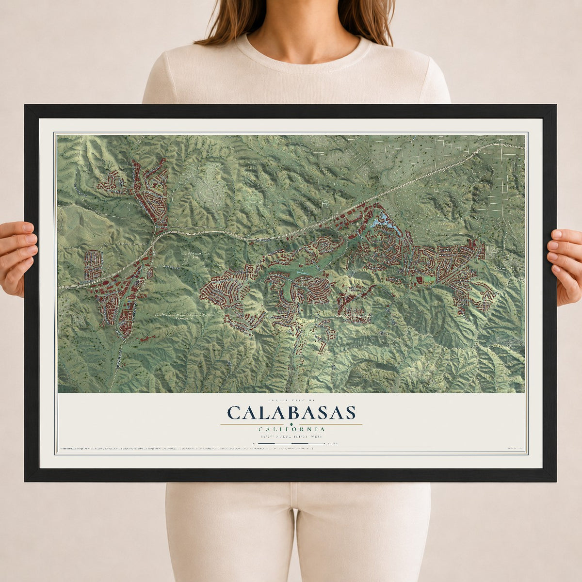 Map of Calabasas, California, 18 x 24 inch print in a black wood frame