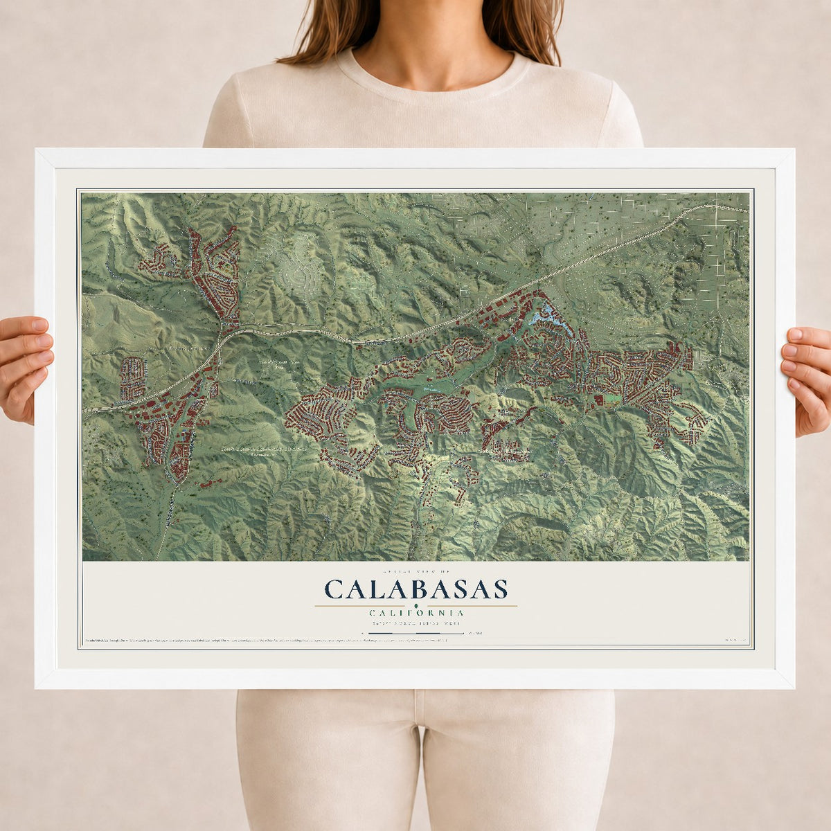 Map of Calabasas, California, 18 x 24 inch print in a white wood frame