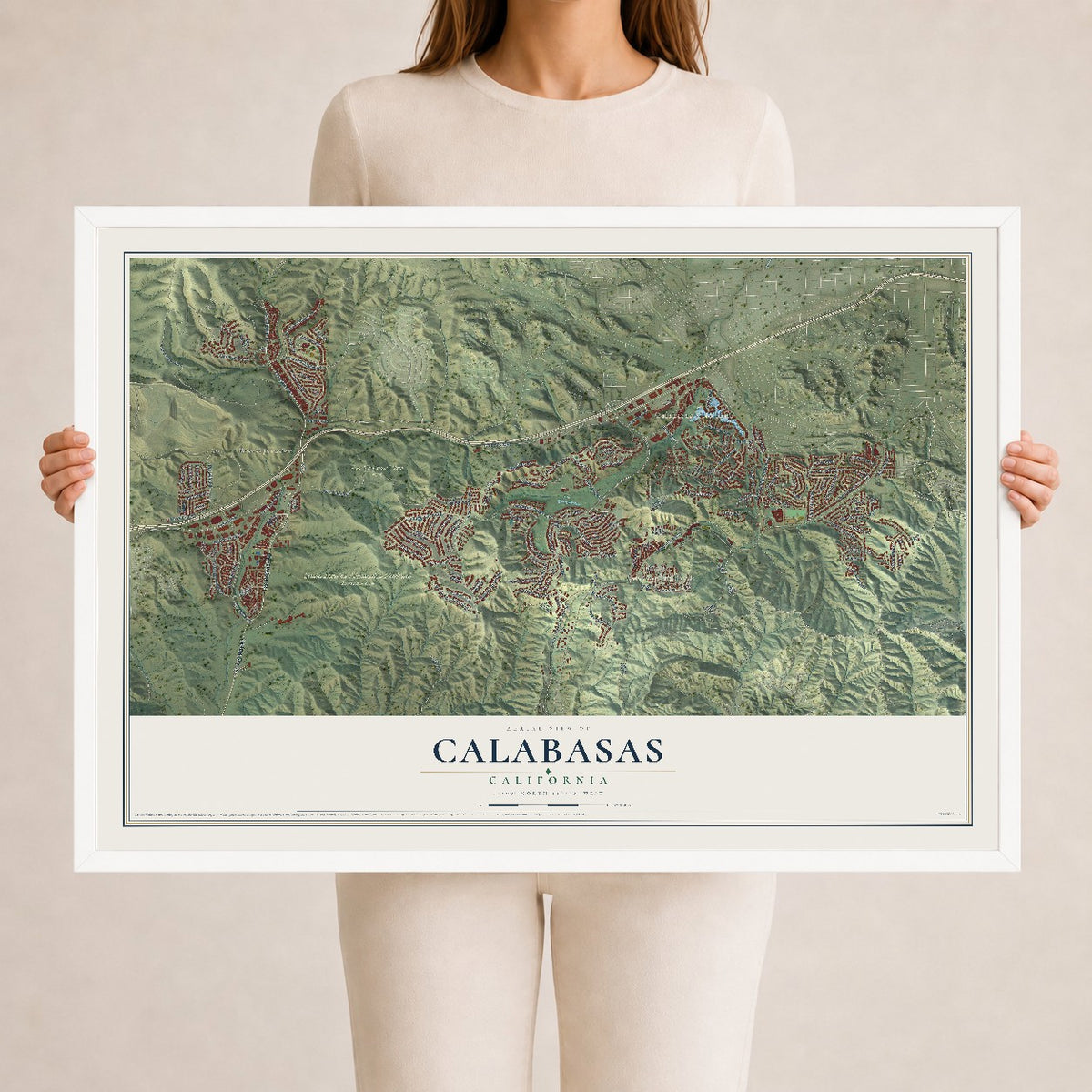 Map of Calabasas, California, 24 x 36 inch print in a white wood frame