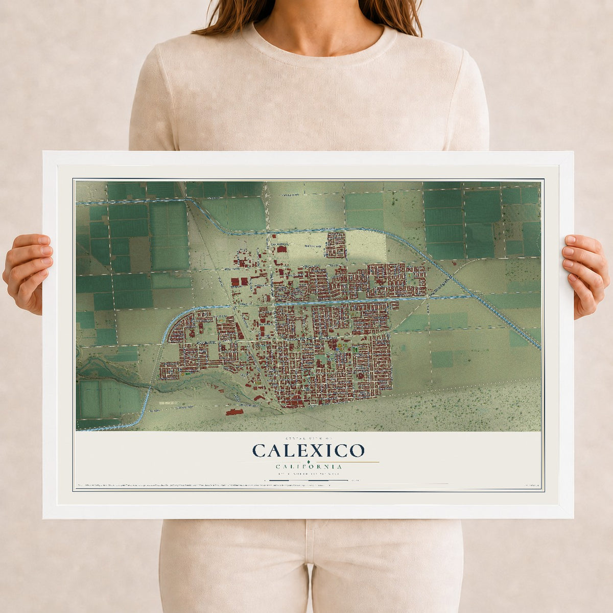 Map of Calexico, California, 12 x 18 inch print in a white wood frame