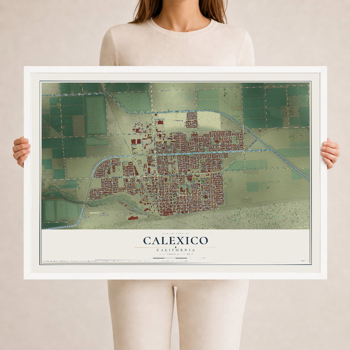 Map of Calexico, California, 24 x 36 inch print in a white wood frame
