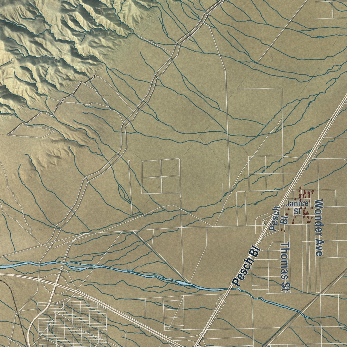 Second close-up of the map of California City, California print showing more streets and buildings