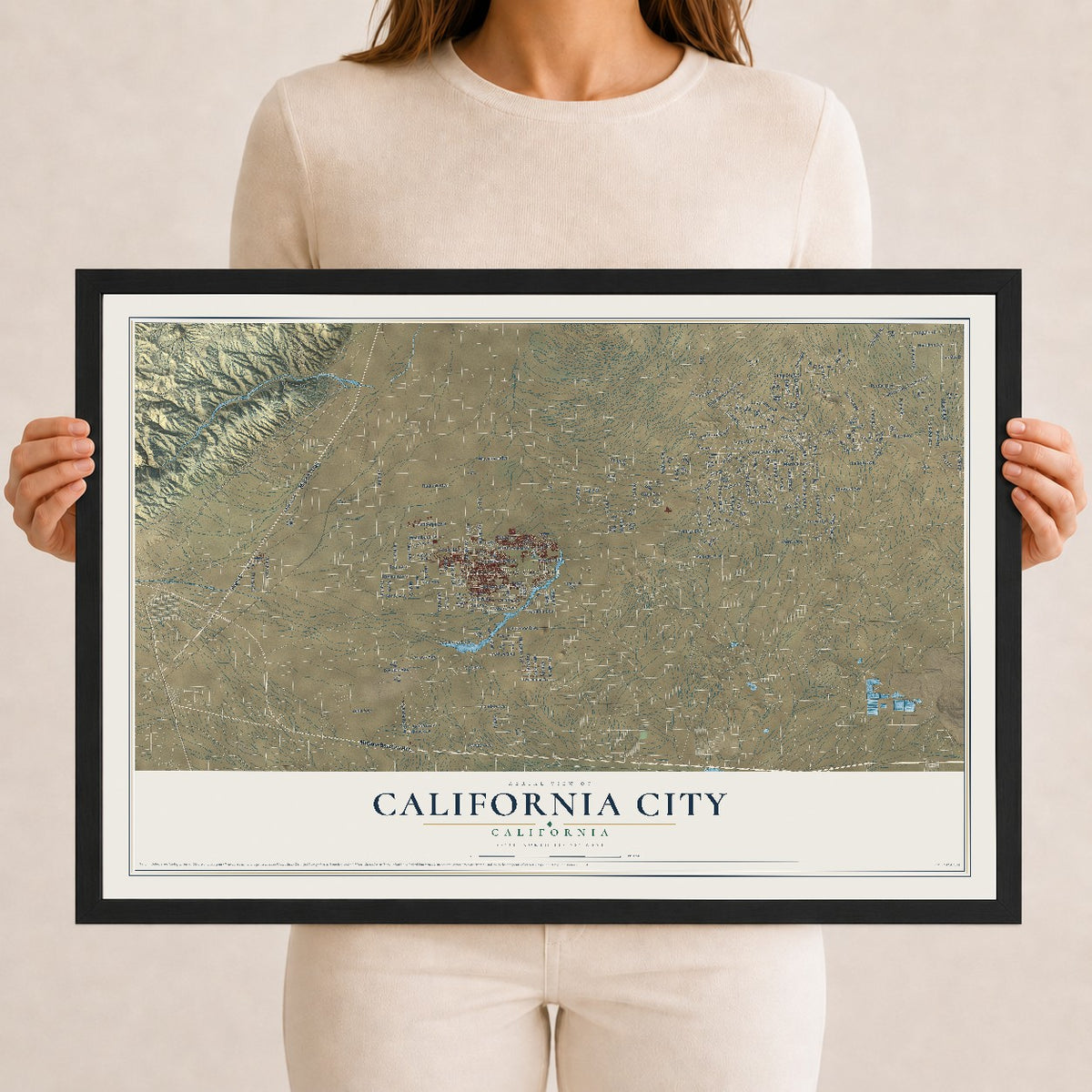 Map of California City, California, 12 x 18 inch print in a black wood frame