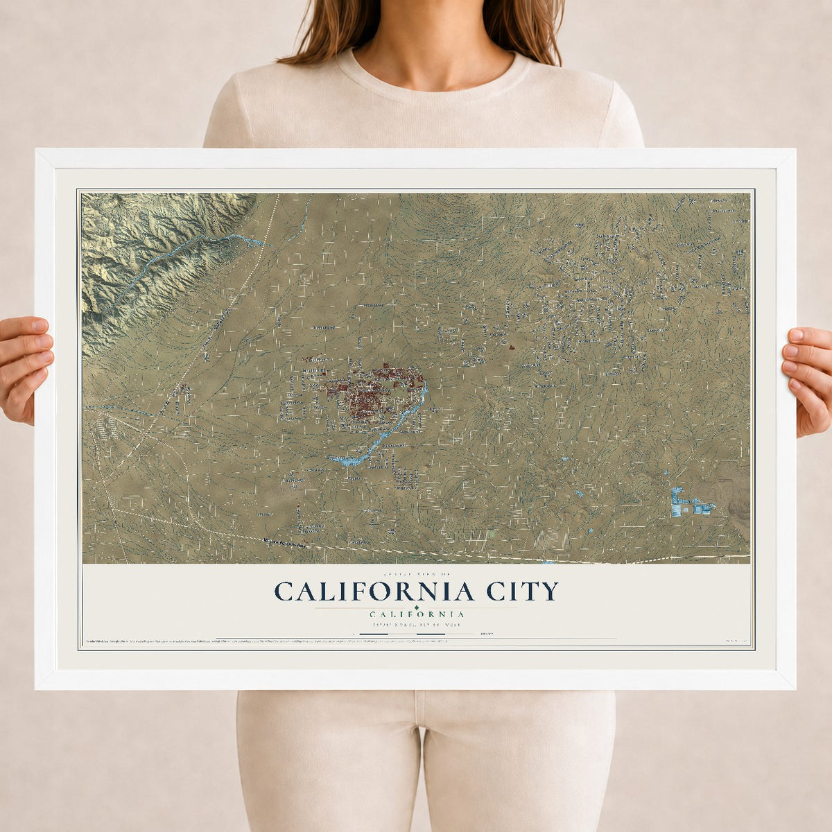 Map of California City, California, 18 x 24 inch print in a white wood frame