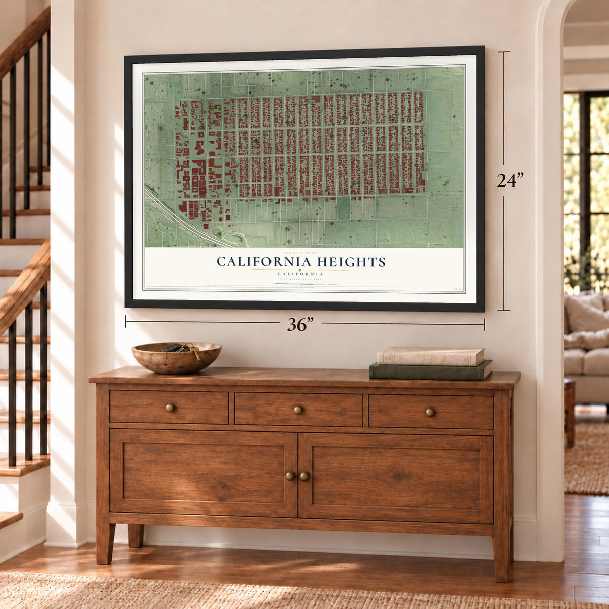 California Heights, California map, 24 x 36 inch print in a black frame above a dresser by a staircase