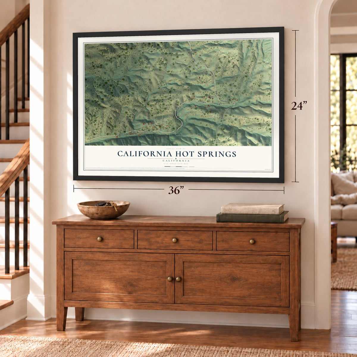 California Hot Springs, California map, 24 x 36 inch print in a black frame above a dresser by a staircase