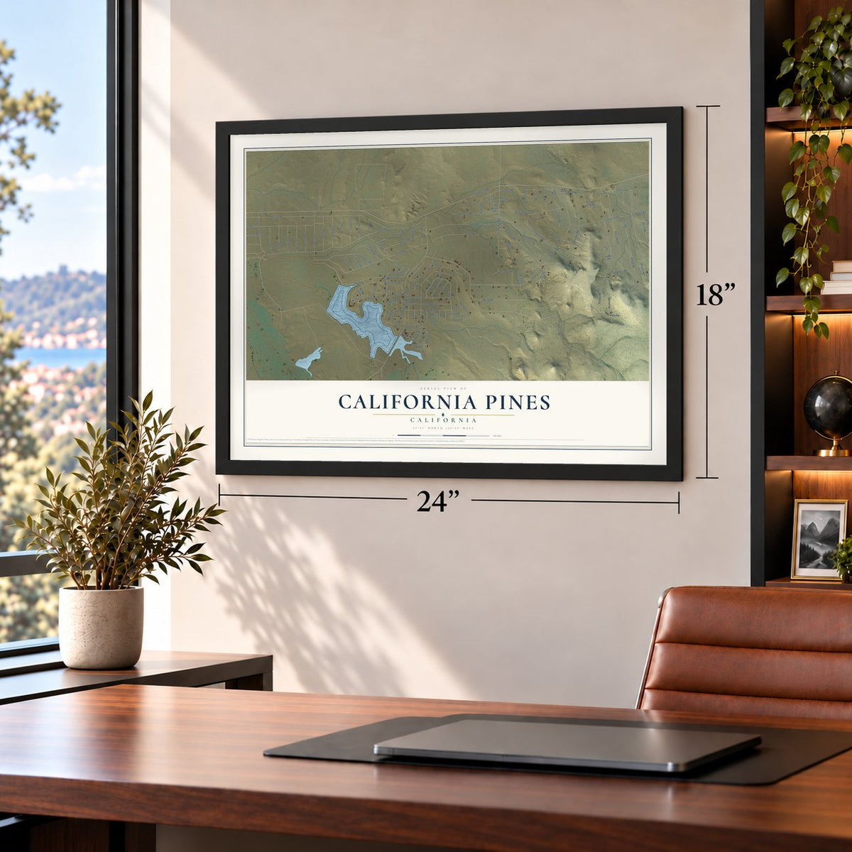 California Pines, California map, 18 x 24 inch print in a black frame in a home office