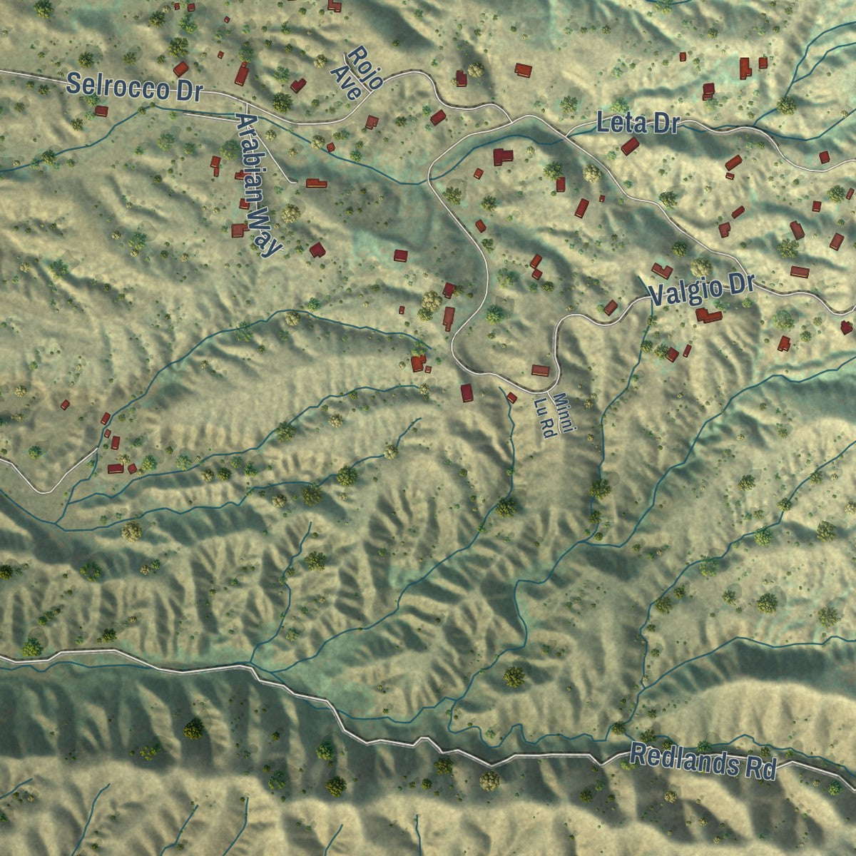 Close-up of the map of Calimesa, California print showing street and building detail