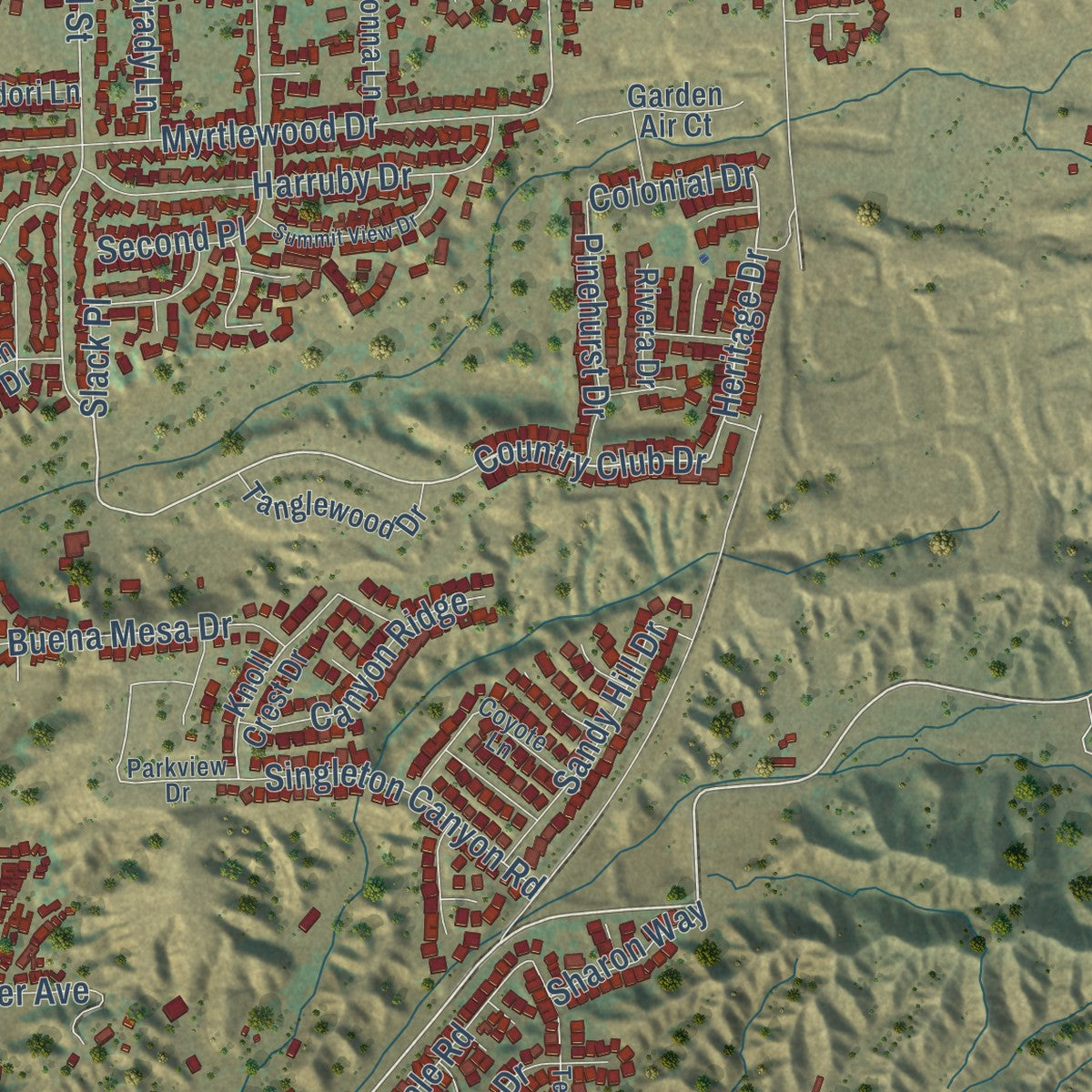 Second close-up of the map of Calimesa, California print showing more streets and buildings