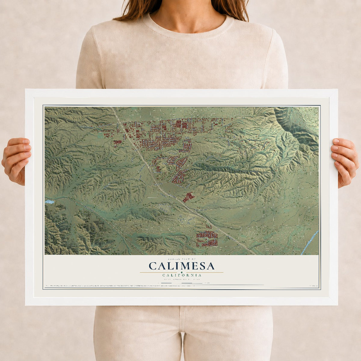 Map of Calimesa, California, 12 x 18 inch print in a white wood frame