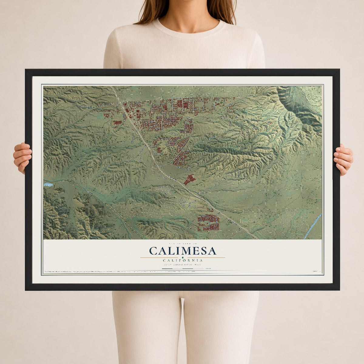 Map of Calimesa, California, 24 x 36 inch print in a black wood frame