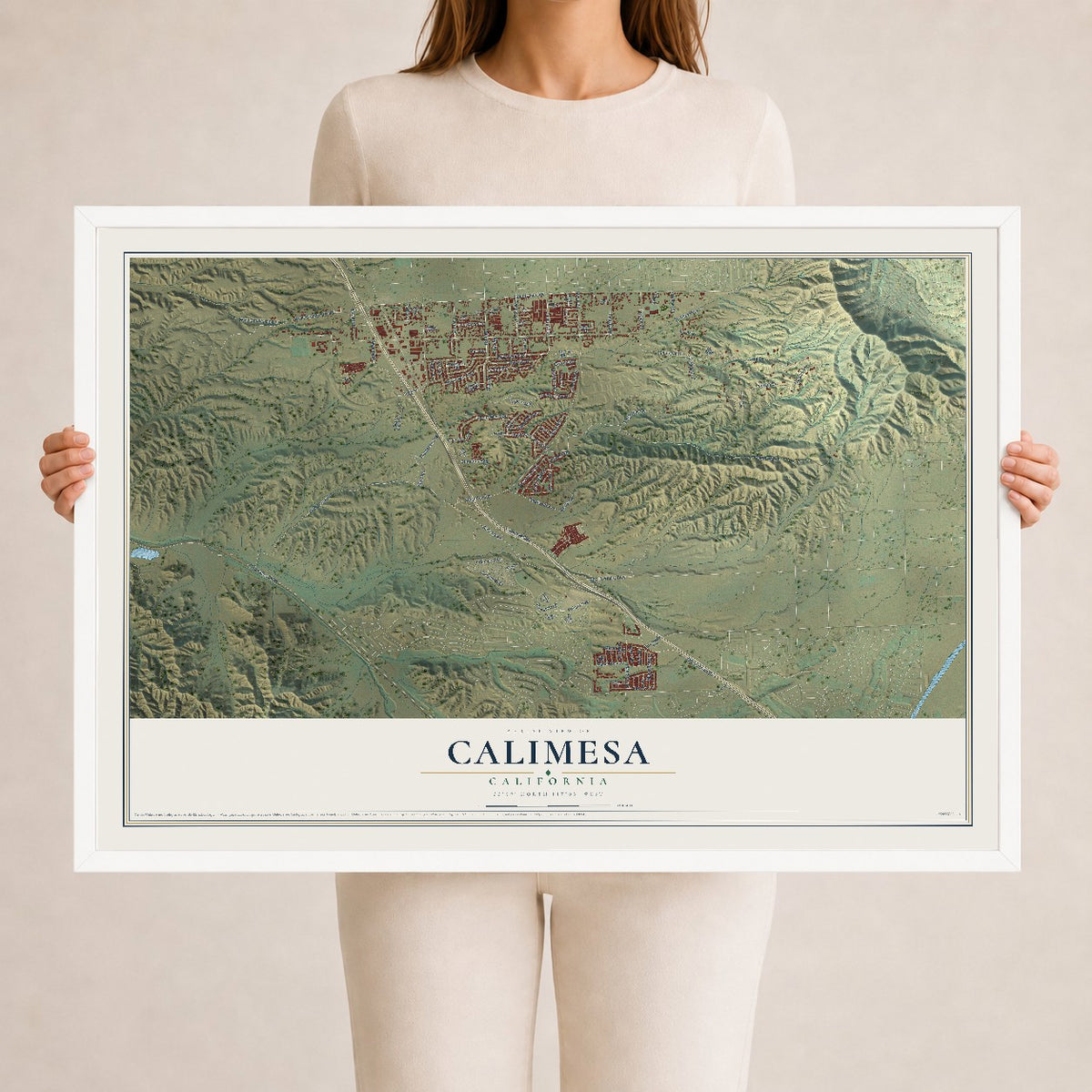 Map of Calimesa, California, 24 x 36 inch print in a white wood frame