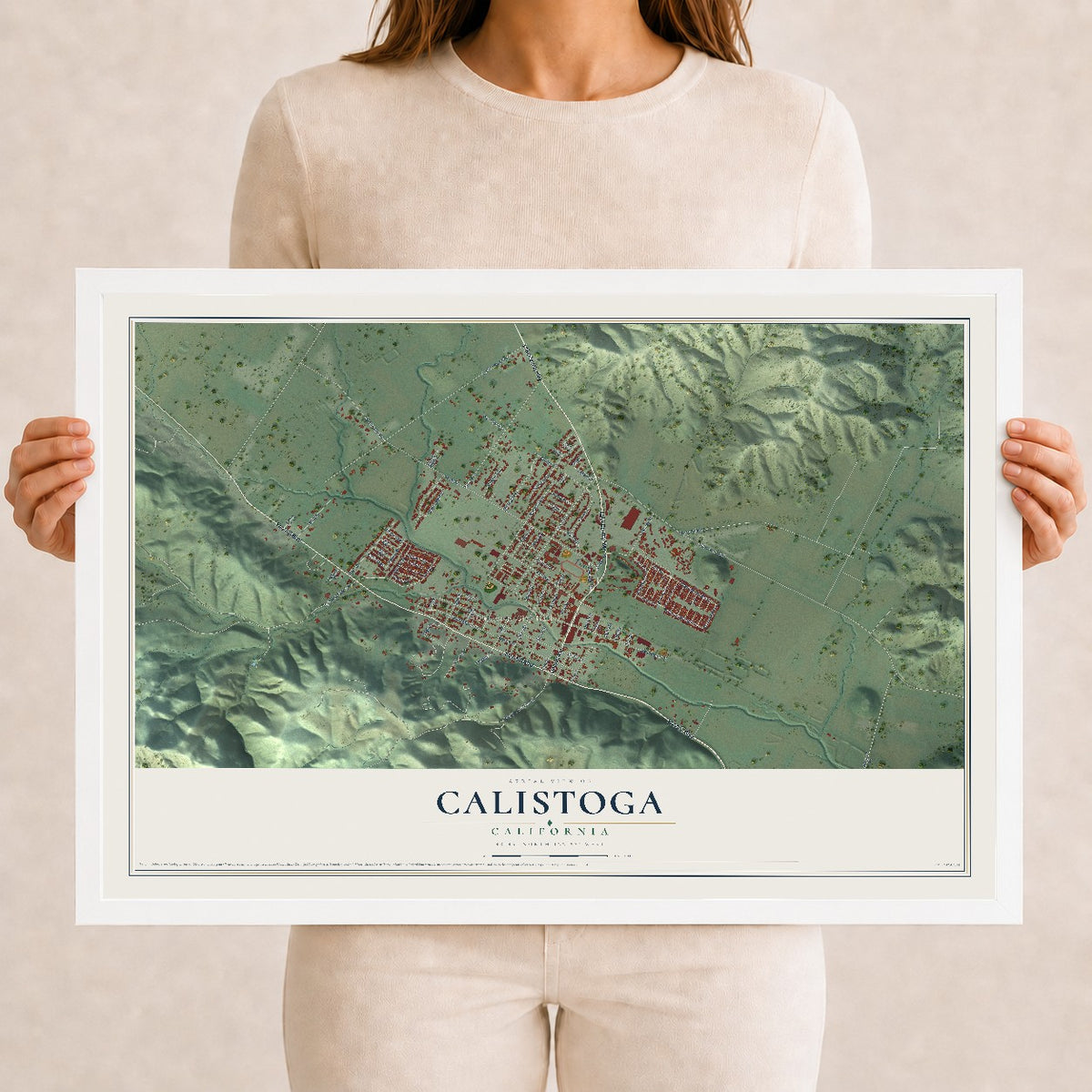 Map of Calistoga, California, 12 x 18 inch print in a white wood frame