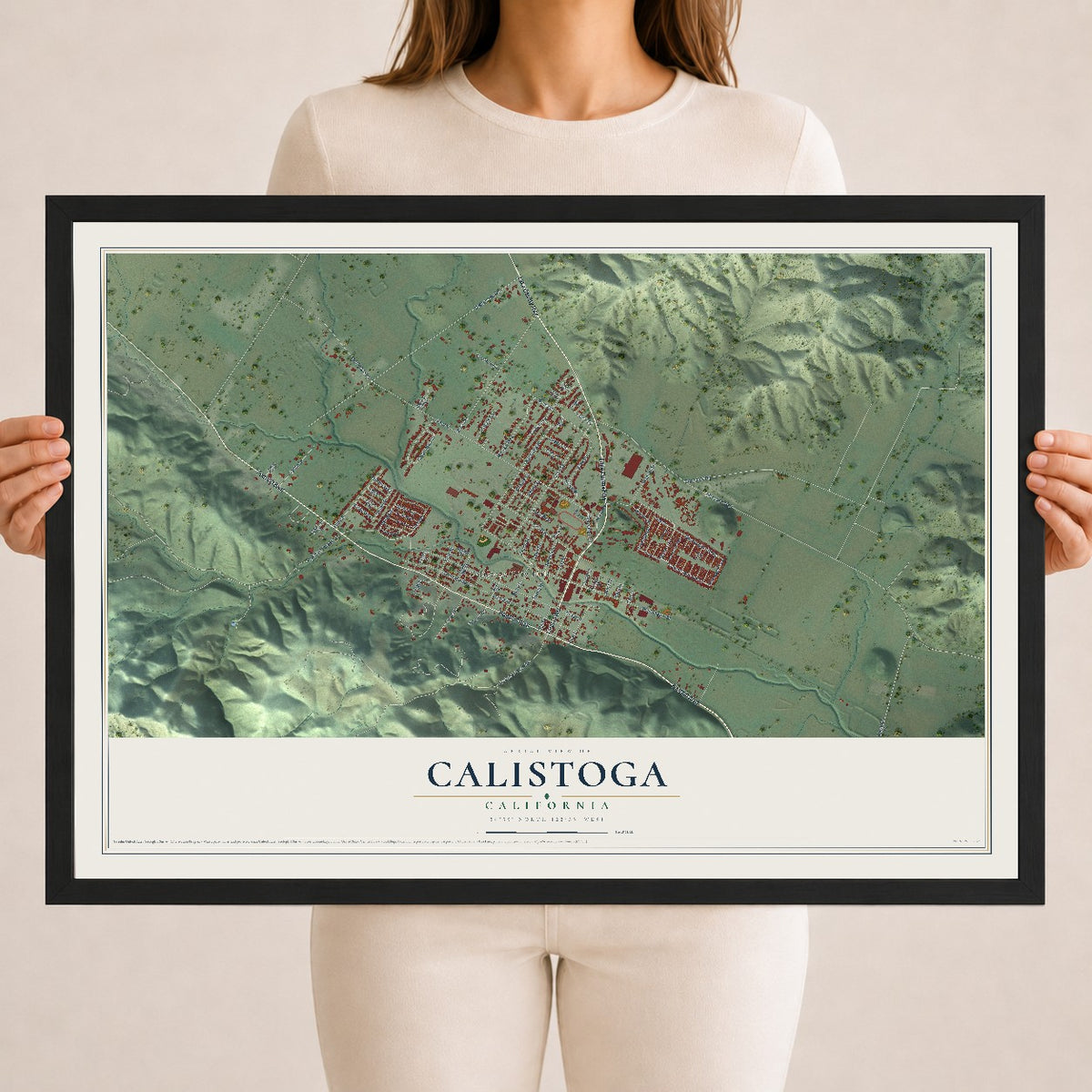 Map of Calistoga, California, 18 x 24 inch print in a black wood frame