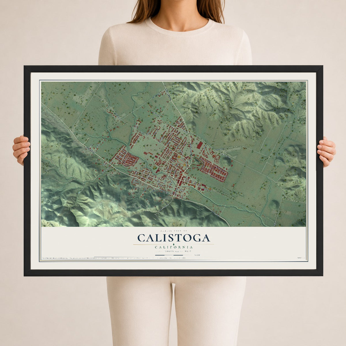 Map of Calistoga, California, 24 x 36 inch print in a black wood frame