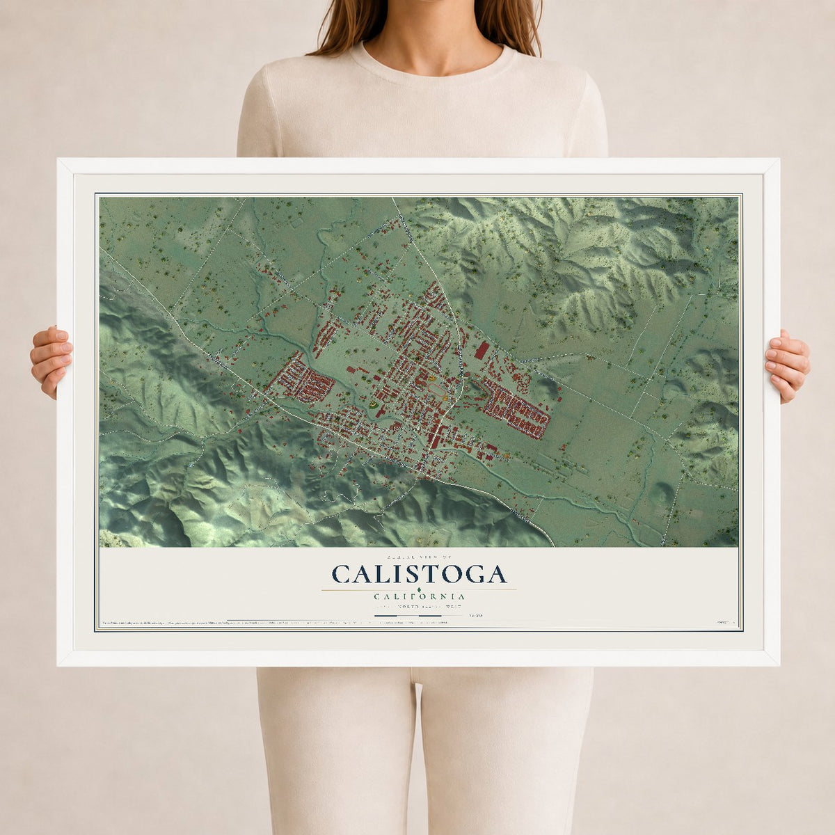 Map of Calistoga, California, 24 x 36 inch print in a white wood frame
