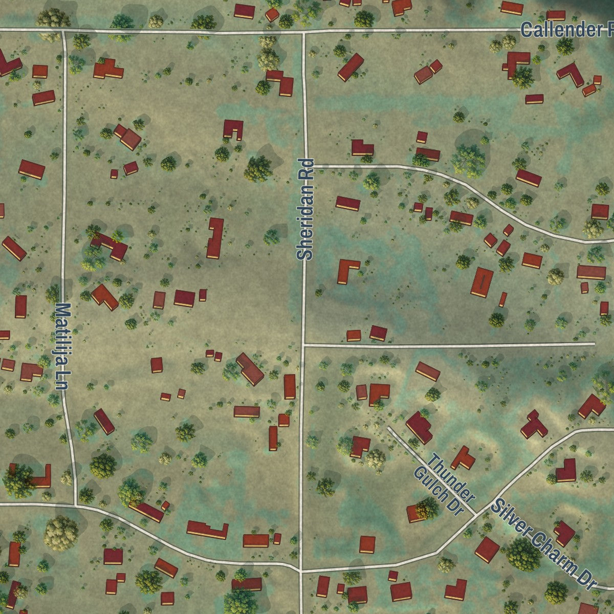 Close-up of the map of Callender, California print showing street and building detail