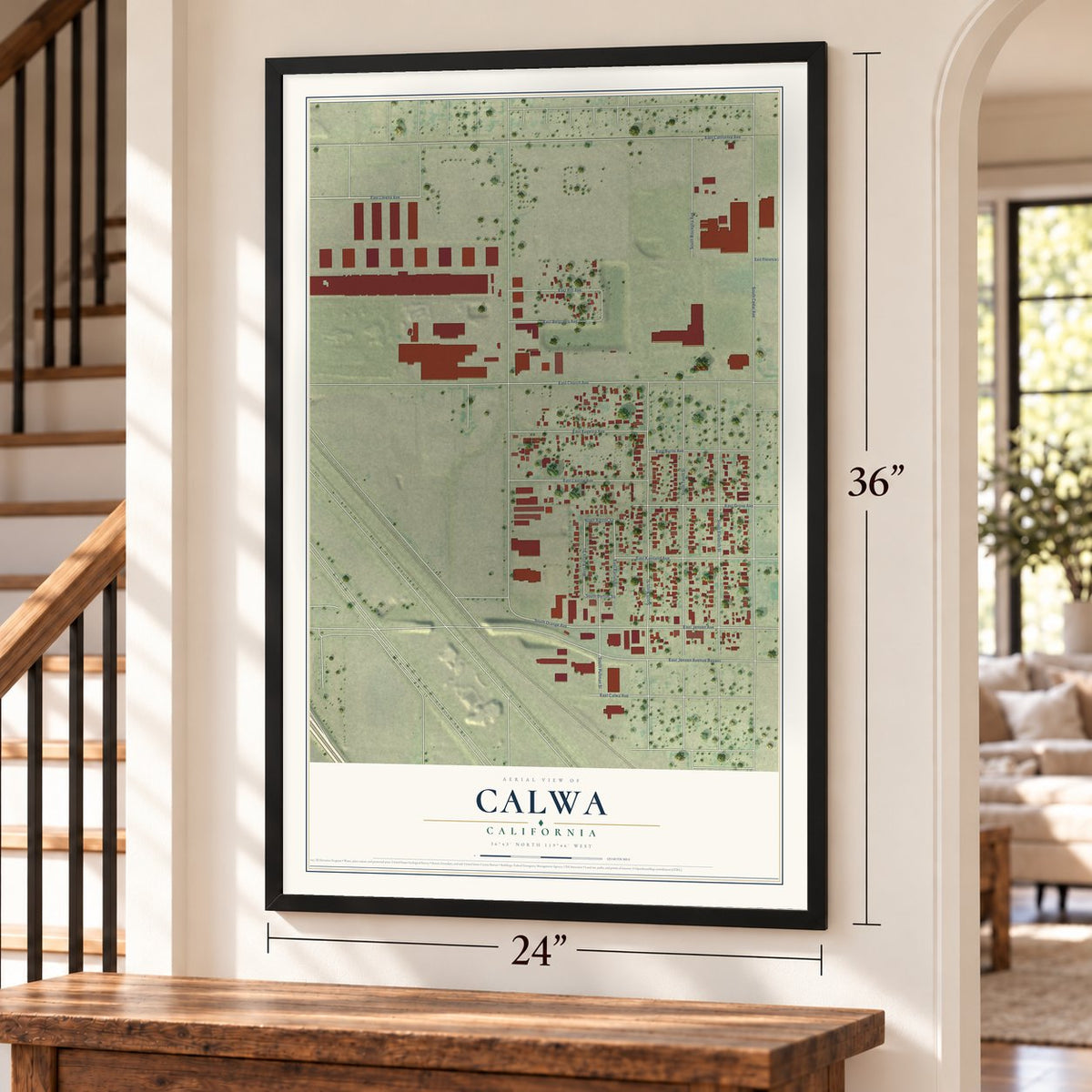 Calwa, California map, 24 x 36 inch print in a black frame by a staircase