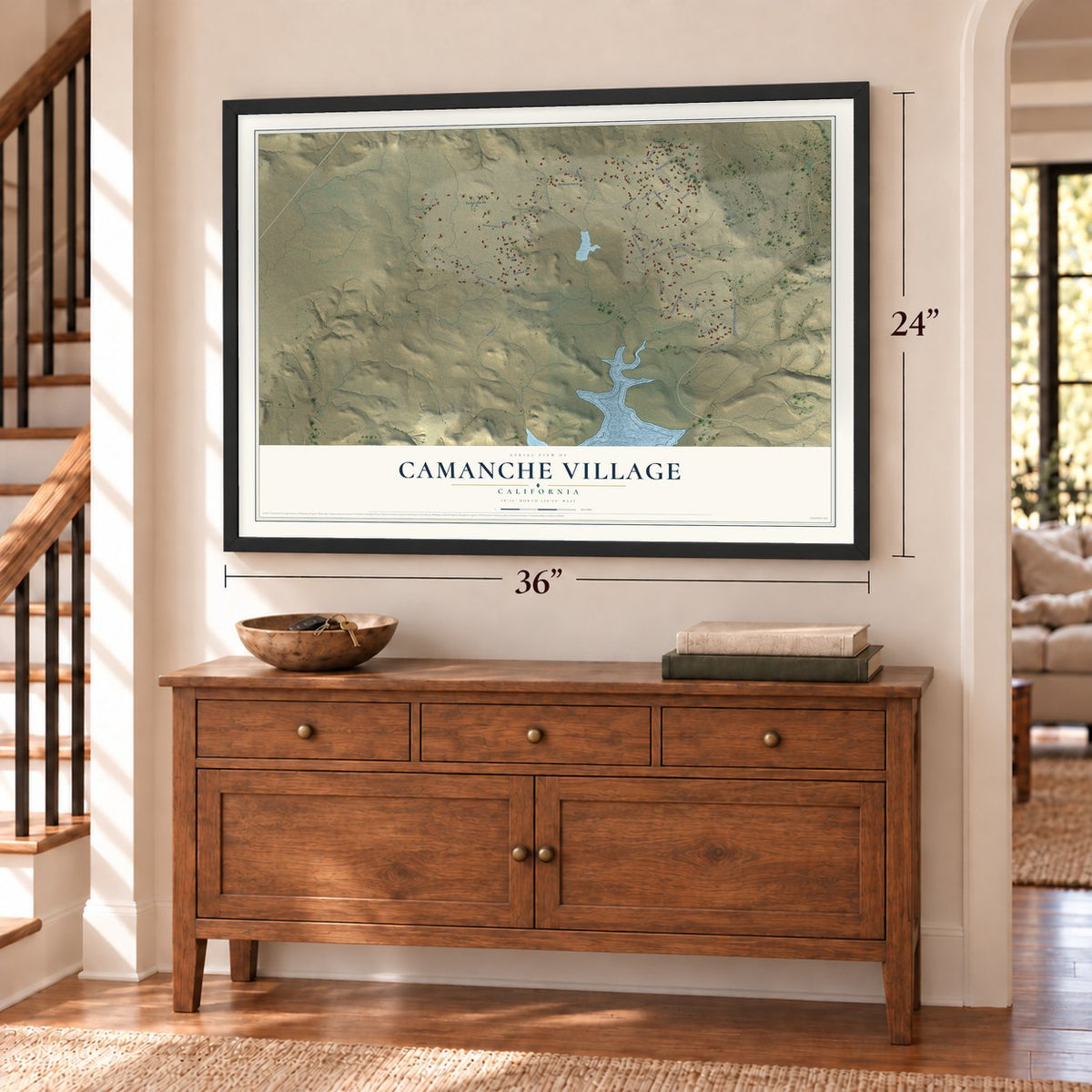 Camanche Village, California map, 24 x 36 inch print in a black frame above a dresser by a staircase