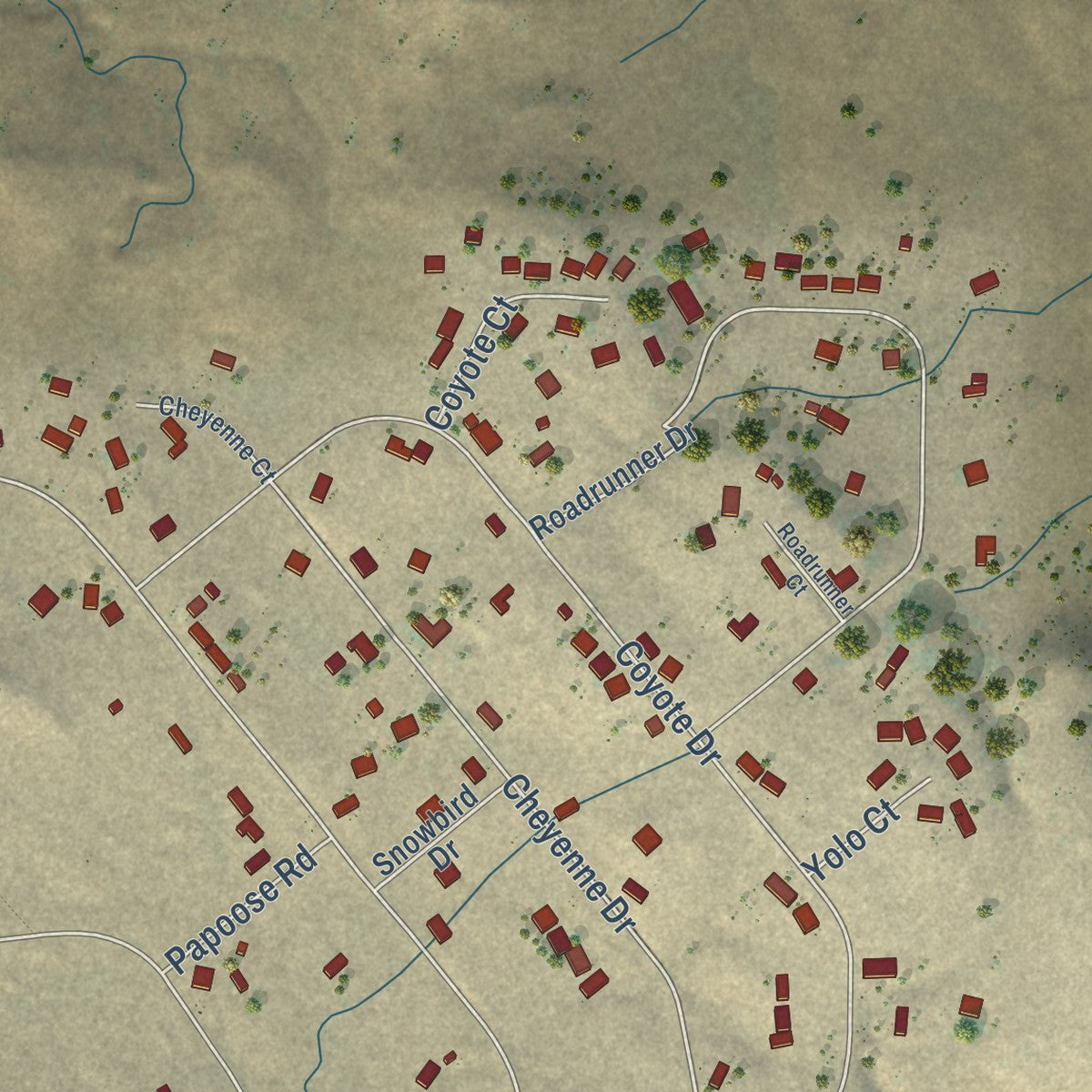 Close-up of the map of Camanche Village, California print showing street and building detail