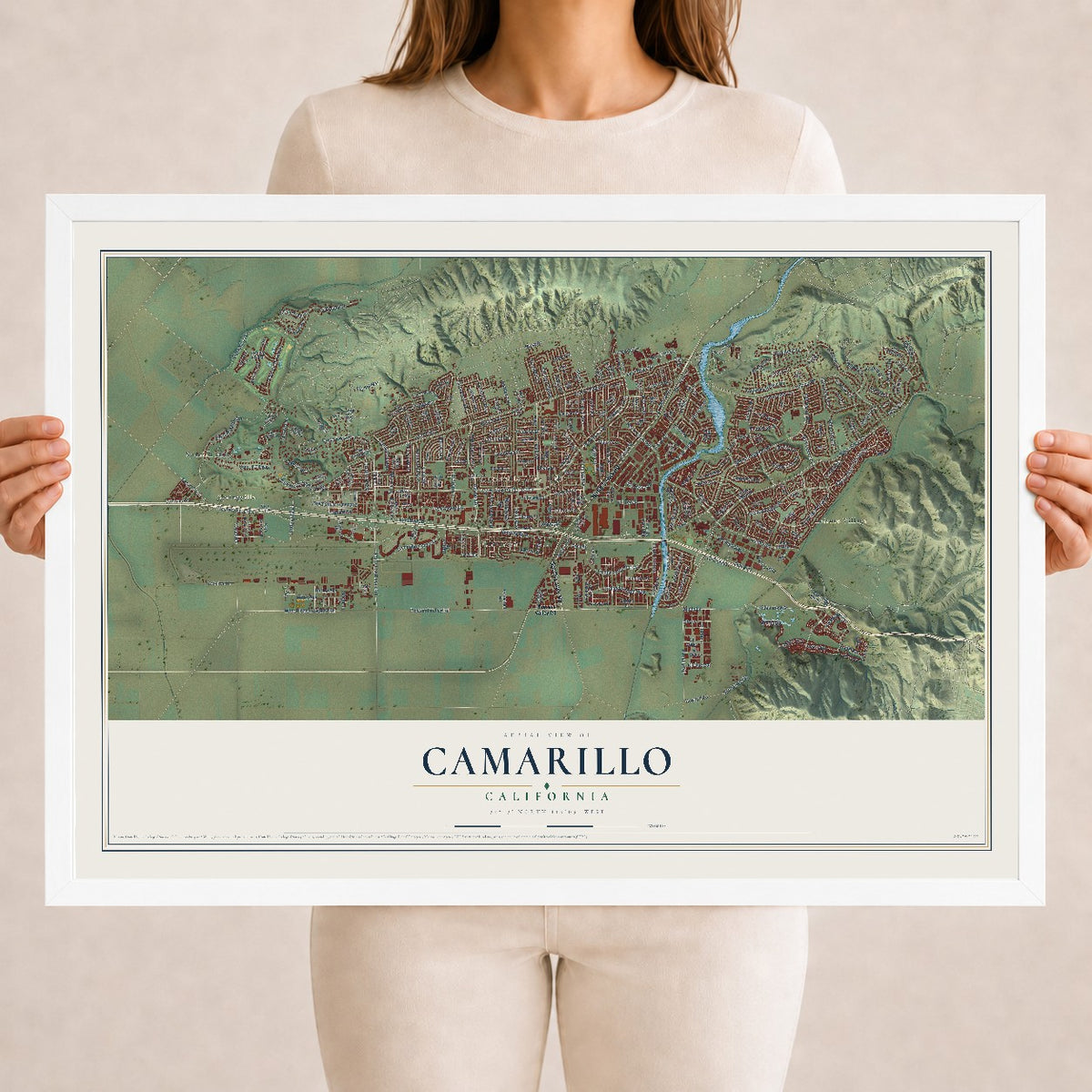 Map of Camarillo, California, 18 x 24 inch print in a white wood frame