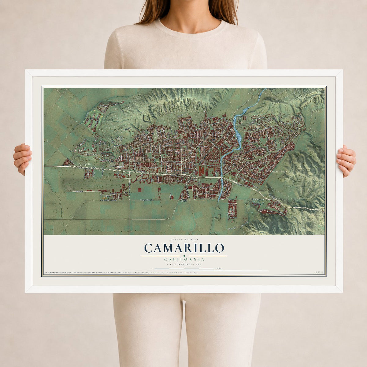 Map of Camarillo, California, 24 x 36 inch print in a white wood frame