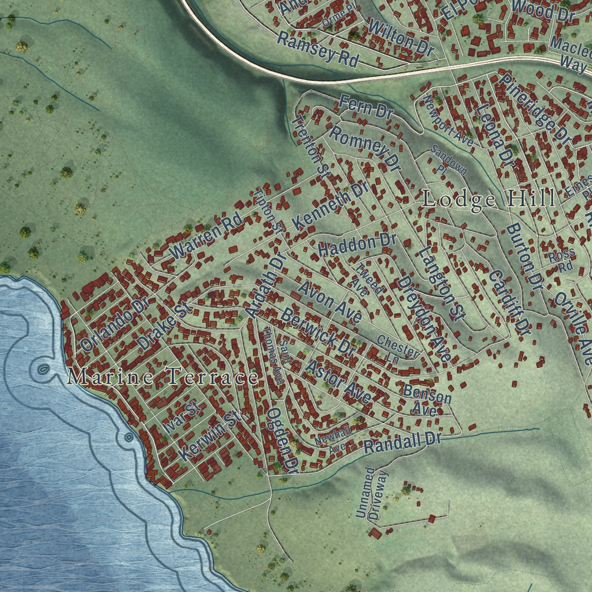 Close-up of the map of Cambria, California print showing street and building detail