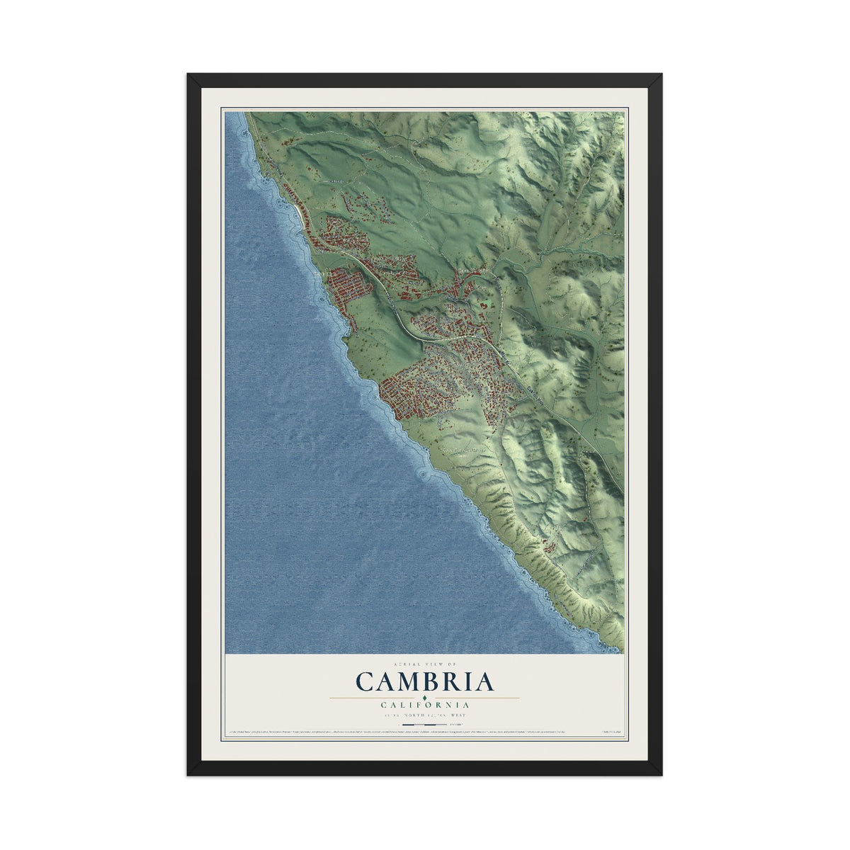 Map of Cambria, California, 12 x 18 inch print in a black wood frame