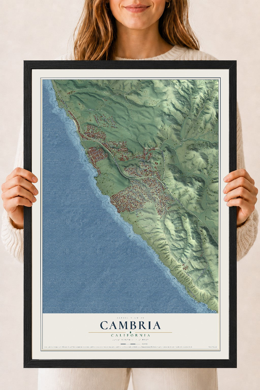 Map of Cambria, California, 18 x 24 inch print in a black wood frame