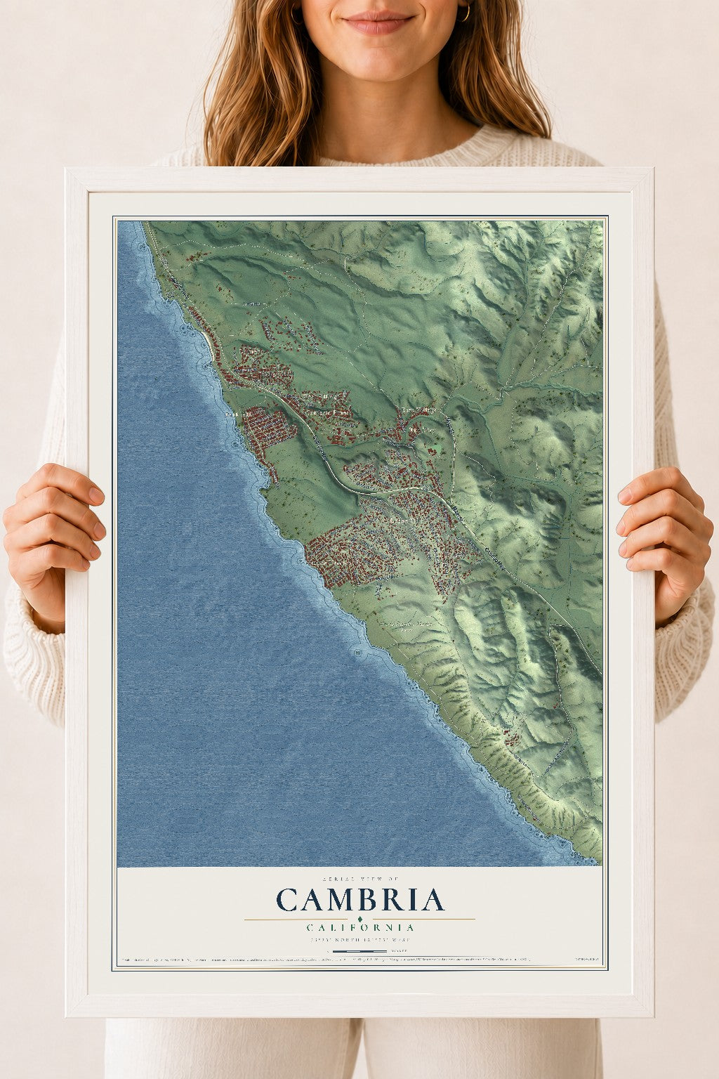 Map of Cambria, California, 18 x 24 inch print in a white wood frame